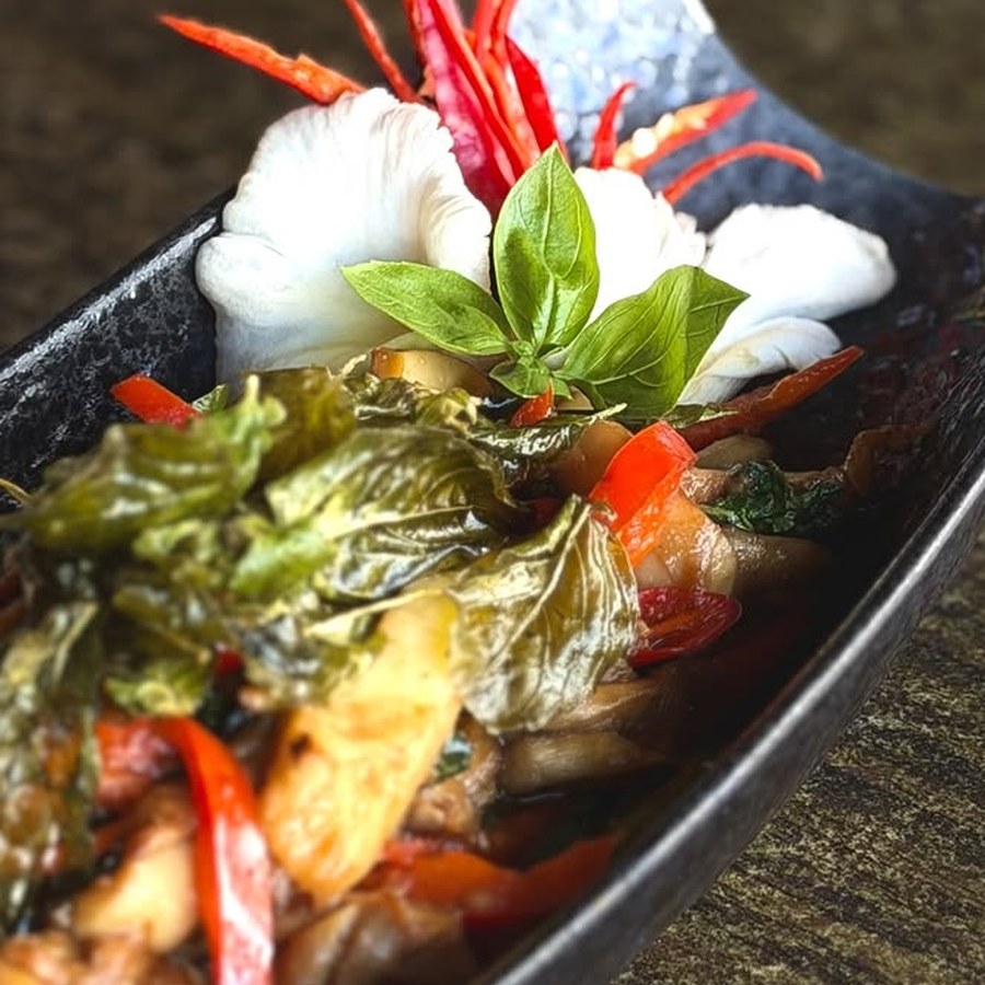 Pad Kra Pao Hed Nang Rom, oyster mushroom basil stir-fry